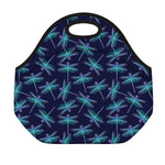 Teal And Purple Dragonfly Pattern Print Neoprene Lunch Bag