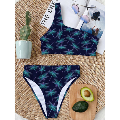 Teal And Purple Dragonfly Pattern Print One Shoulder Bikini Top