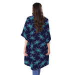 Teal And Purple Dragonfly Pattern Print Open Front Beach Cover Up
