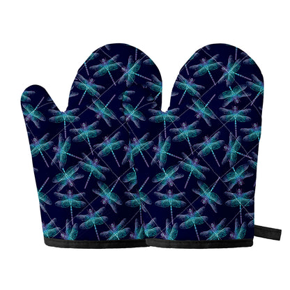 Teal And Purple Dragonfly Pattern Print Oven Mitts