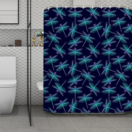 Teal And Purple Dragonfly Pattern Print Polyester Shower Curtain
