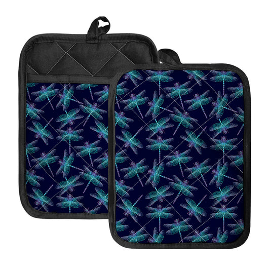 Teal And Purple Dragonfly Pattern Print Pot Holders With Pocket