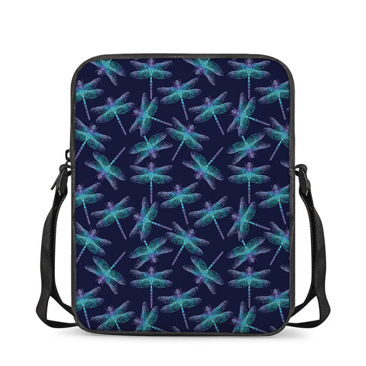 Teal And Purple Dragonfly Pattern Print Rectangular Crossbody Bag