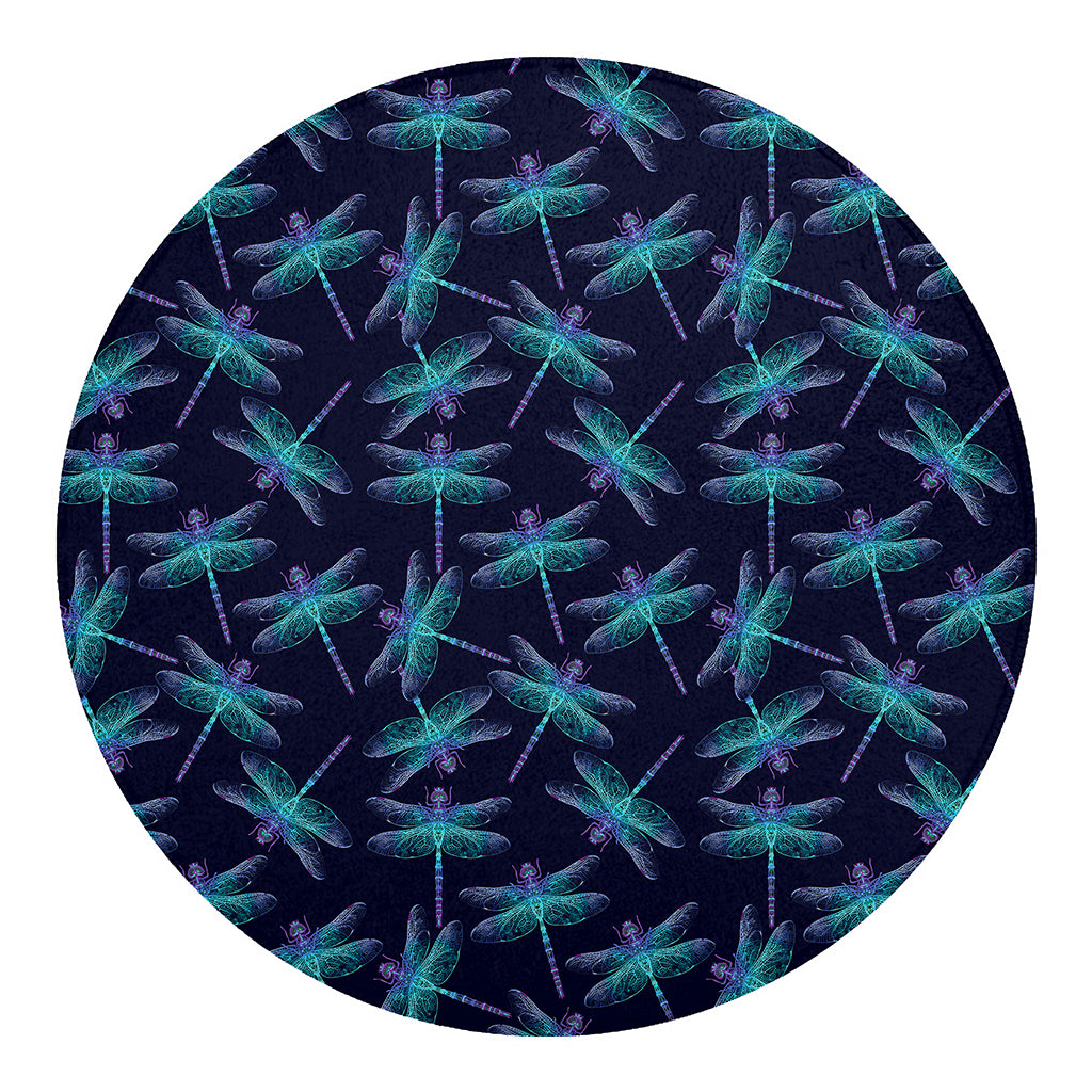 Teal And Purple Dragonfly Pattern Print Round Blanket