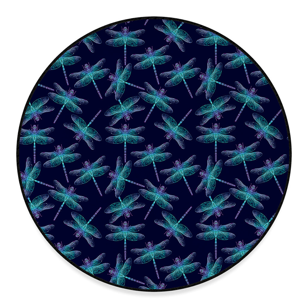 Teal And Purple Dragonfly Pattern Print Round Floor Mat