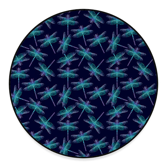 Teal And Purple Dragonfly Pattern Print Round Floor Mat