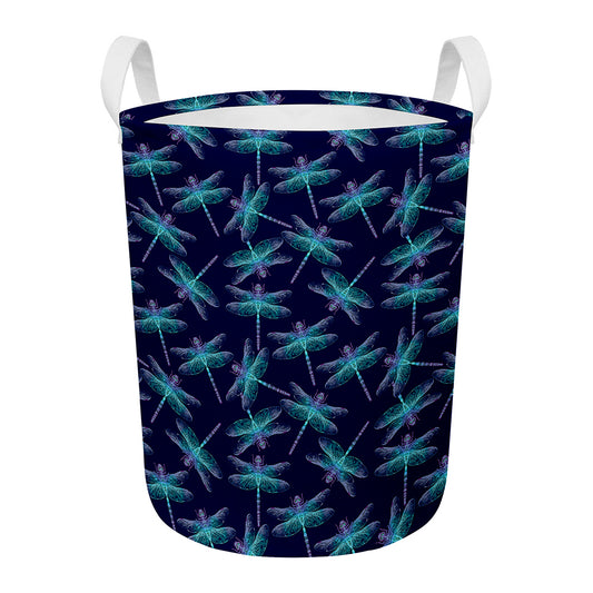 Teal And Purple Dragonfly Pattern Print Round Laundry Basket