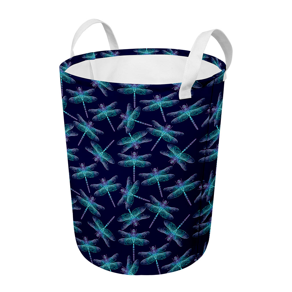Teal And Purple Dragonfly Pattern Print Round Laundry Basket
