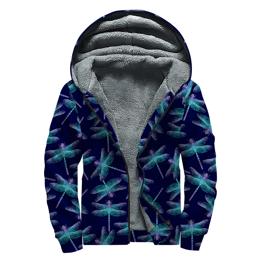 Teal And Purple Dragonfly Pattern Print Sherpa Lined Zip Up Hoodie