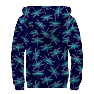 Teal And Purple Dragonfly Pattern Print Sherpa Lined Zip Up Hoodie