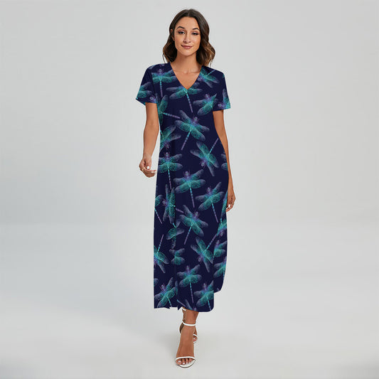Teal And Purple Dragonfly Pattern Print Short Sleeve Maxi Dress