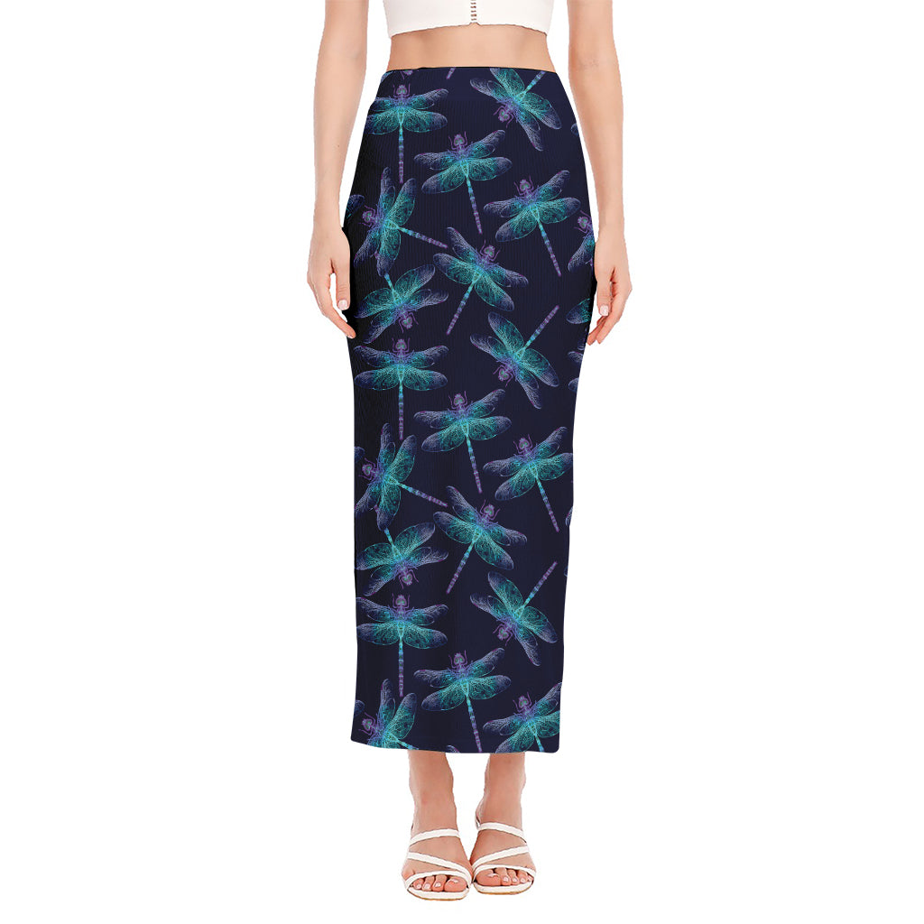 Teal And Purple Dragonfly Pattern Print Side Slit Maxi Skirt