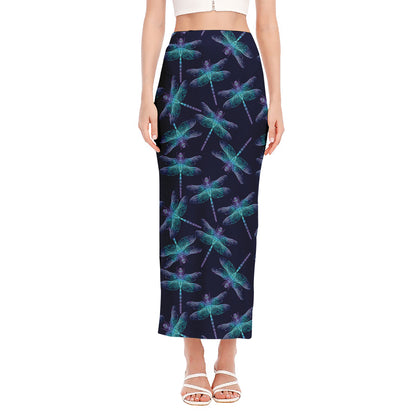 Teal And Purple Dragonfly Pattern Print Side Slit Maxi Skirt