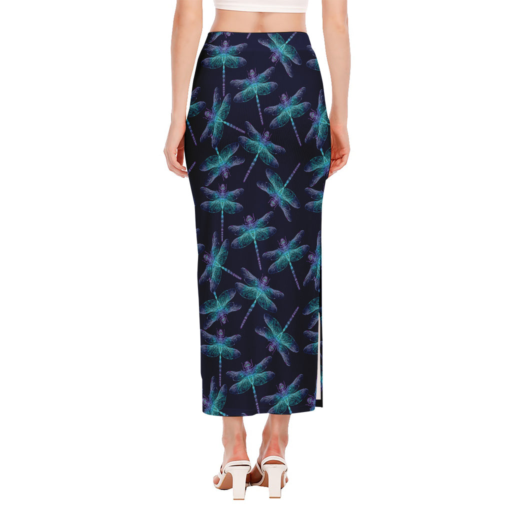Teal And Purple Dragonfly Pattern Print Side Slit Maxi Skirt