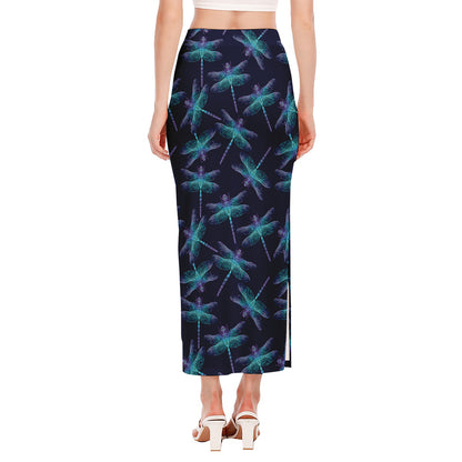 Teal And Purple Dragonfly Pattern Print Side Slit Maxi Skirt