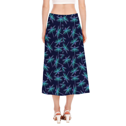 Teal And Purple Dragonfly Pattern Print Side Slit Midi Skirt