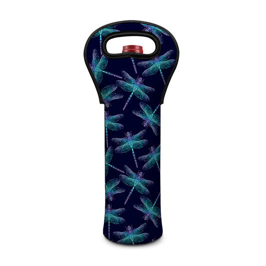 Teal And Purple Dragonfly Pattern Print Single Neoprene Wine Tote