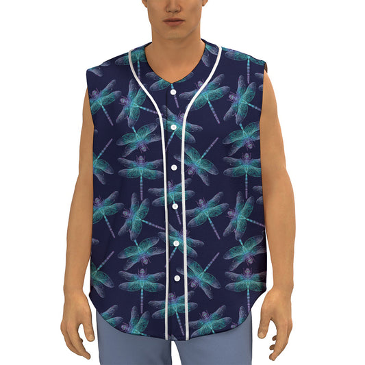 Teal And Purple Dragonfly Pattern Print Sleeveless Baseball Jersey