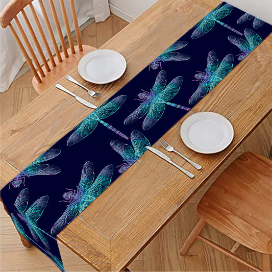 Teal And Purple Dragonfly Pattern Print Table Runner