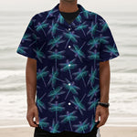 Teal And Purple Dragonfly Pattern Print Textured Short Sleeve Shirt