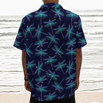Teal And Purple Dragonfly Pattern Print Textured Short Sleeve Shirt