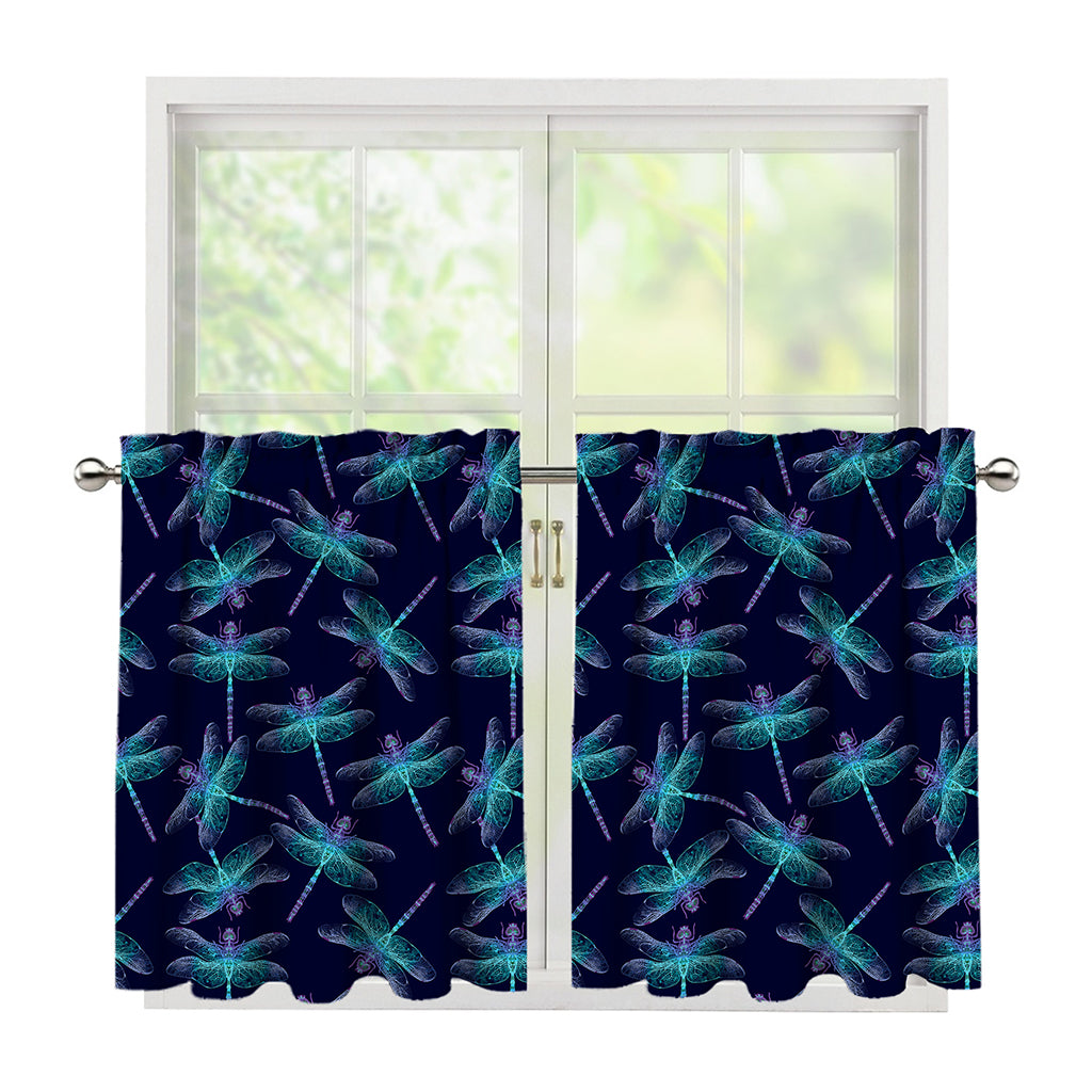 Teal And Purple Dragonfly Pattern Print Tier Curtains