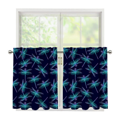 Teal And Purple Dragonfly Pattern Print Tier Curtains