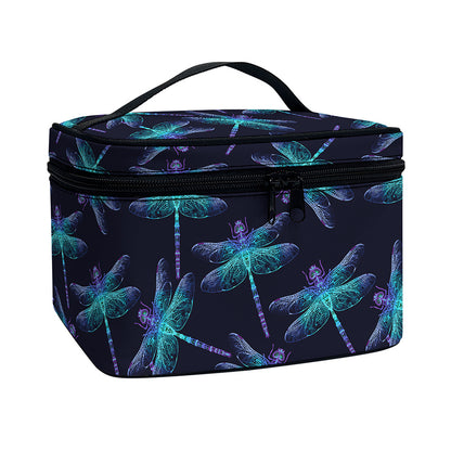 Teal And Purple Dragonfly Pattern Print Travel Makeup Bag