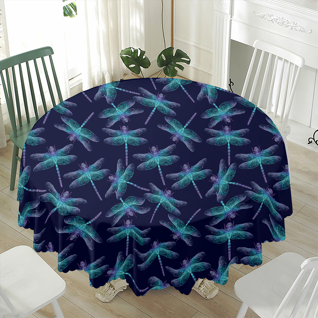 Teal And Purple Dragonfly Pattern Print Waterproof Round Tablecloth