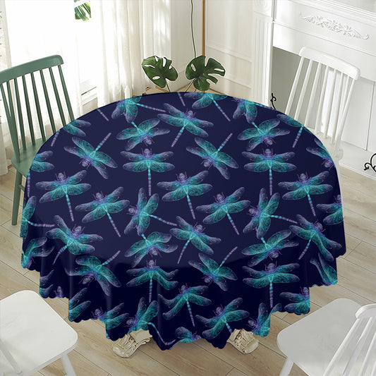 Teal And Purple Dragonfly Pattern Print Waterproof Round Tablecloth