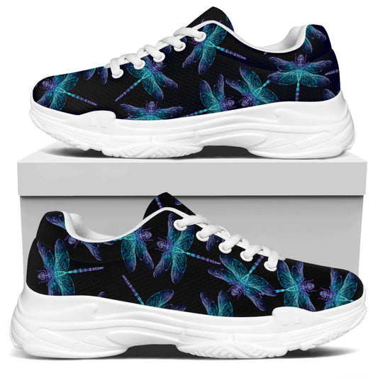 Teal And Purple Dragonfly Pattern Print White Chunky Shoes