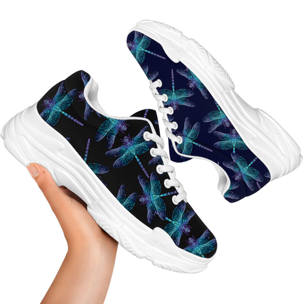 Teal And Purple Dragonfly Pattern Print White Chunky Shoes