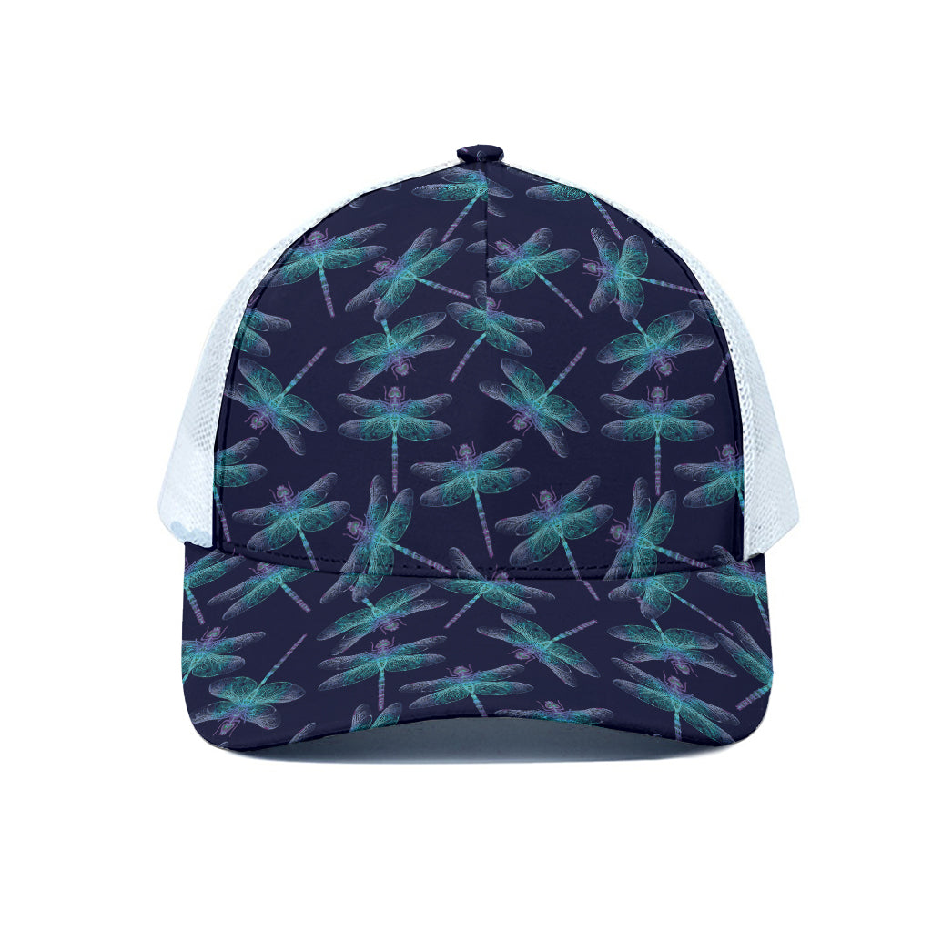 Teal And Purple Dragonfly Pattern Print White Mesh Trucker Cap