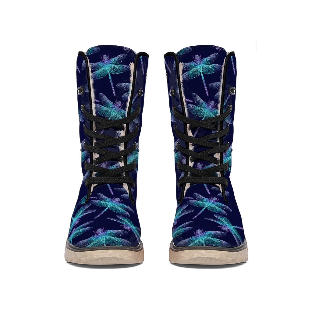 Teal And Purple Dragonfly Pattern Print Winter Boots