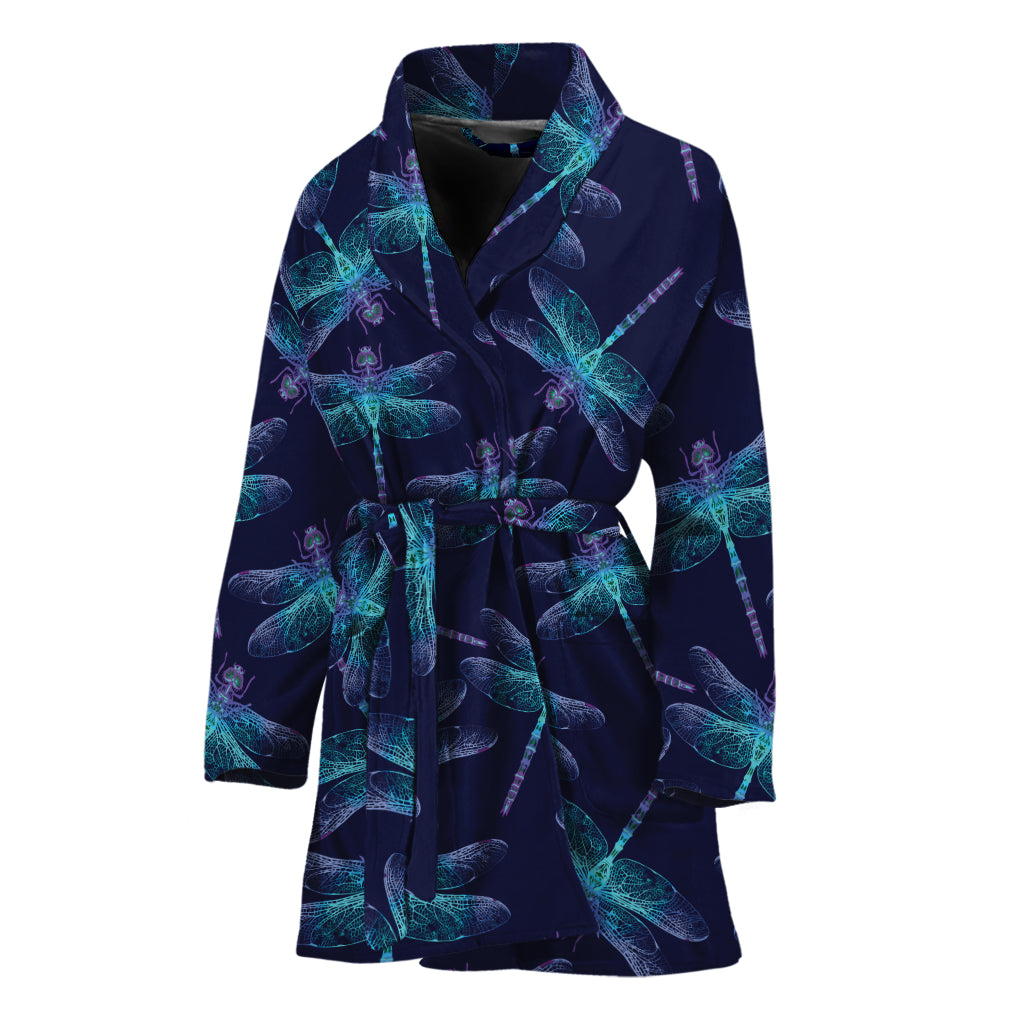 Teal And Purple Dragonfly Pattern Print Women's Bathrobe