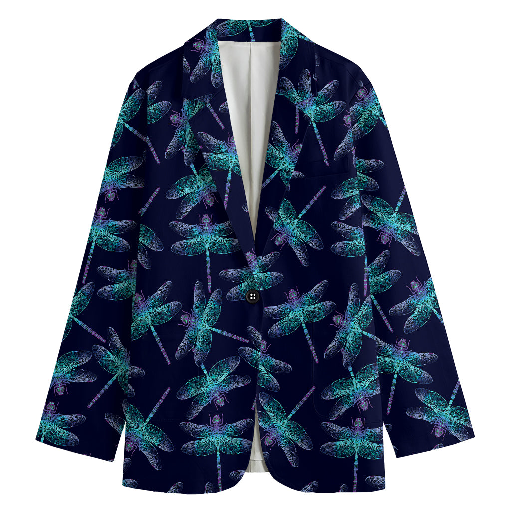 Teal And Purple Dragonfly Pattern Print Women's Cotton Blazer