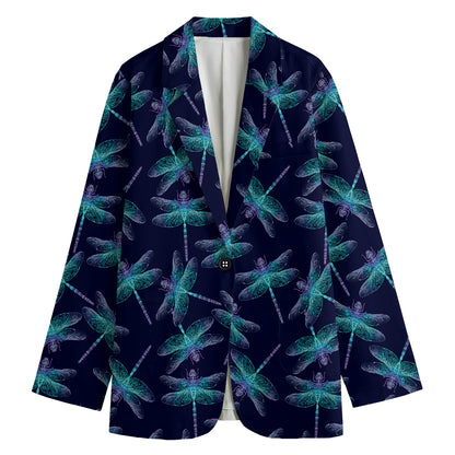 Teal And Purple Dragonfly Pattern Print Women's Cotton Blazer
