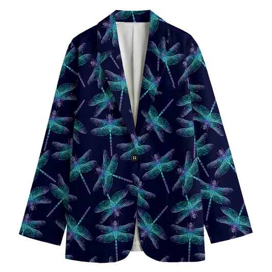 Teal And Purple Dragonfly Pattern Print Women's Cotton Blazer