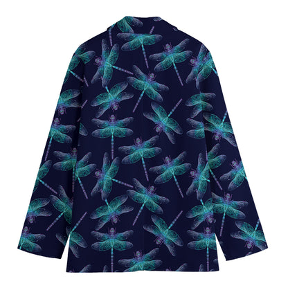 Teal And Purple Dragonfly Pattern Print Women's Cotton Blazer