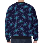 Teal And Purple Dragonfly Pattern Print Zip Sleeve Bomber Jacket