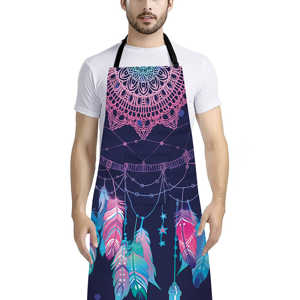 Teal And Purple Dream Catcher Print Bib Apron With Pocket