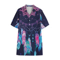 Teal And Purple Dream Catcher Print Cotton Hawaiian Shirt