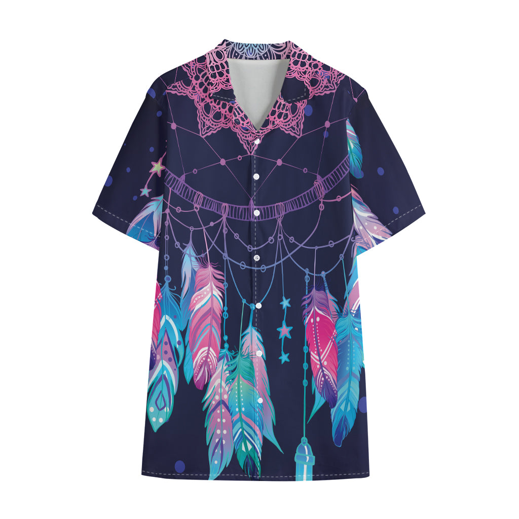 Teal And Purple Dream Catcher Print Cotton Hawaiian Shirt