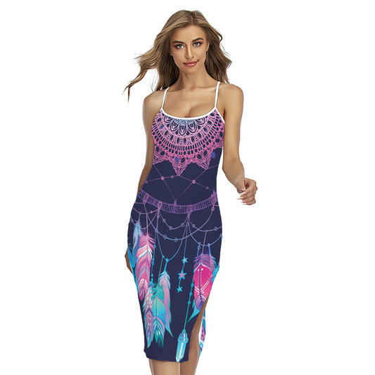 Teal And Purple Dream Catcher Print Cross Back Cami Dress
