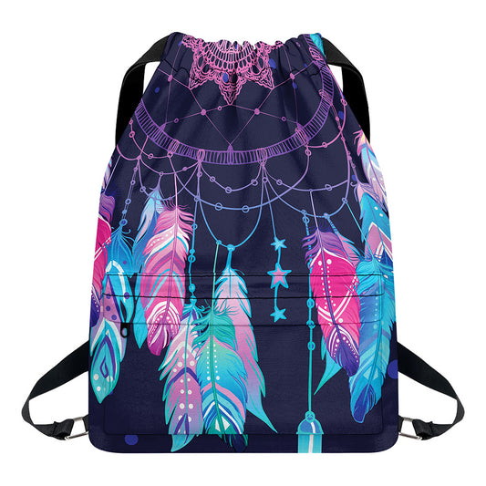 Teal And Purple Dream Catcher Print Drawstring Backpack