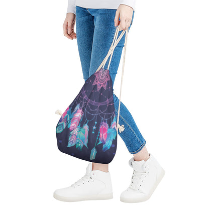 Teal And Purple Dream Catcher Print Drawstring Bag