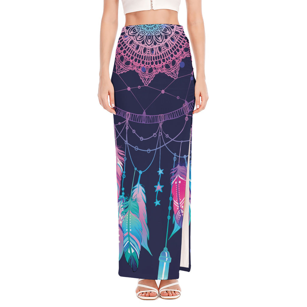 Teal And Purple Dream Catcher Print High Slit Maxi Skirt