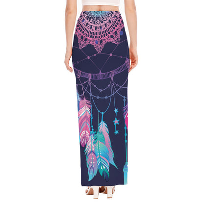 Teal And Purple Dream Catcher Print High Slit Maxi Skirt
