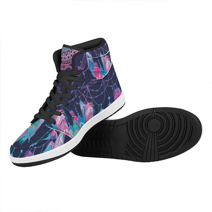 Teal And Purple Dream Catcher Print High Top Leather Sneakers