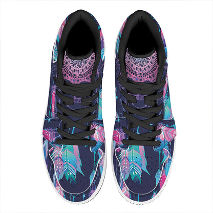 Teal And Purple Dream Catcher Print High Top Leather Sneakers